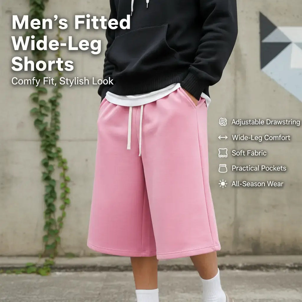 Elevate Your Everyday Style with Men's Fitted Wide-Leg Comfy Shorts - Versatile Trousers with Adjustable Drawstring Waist and Practical Pockets in Beige and Grey