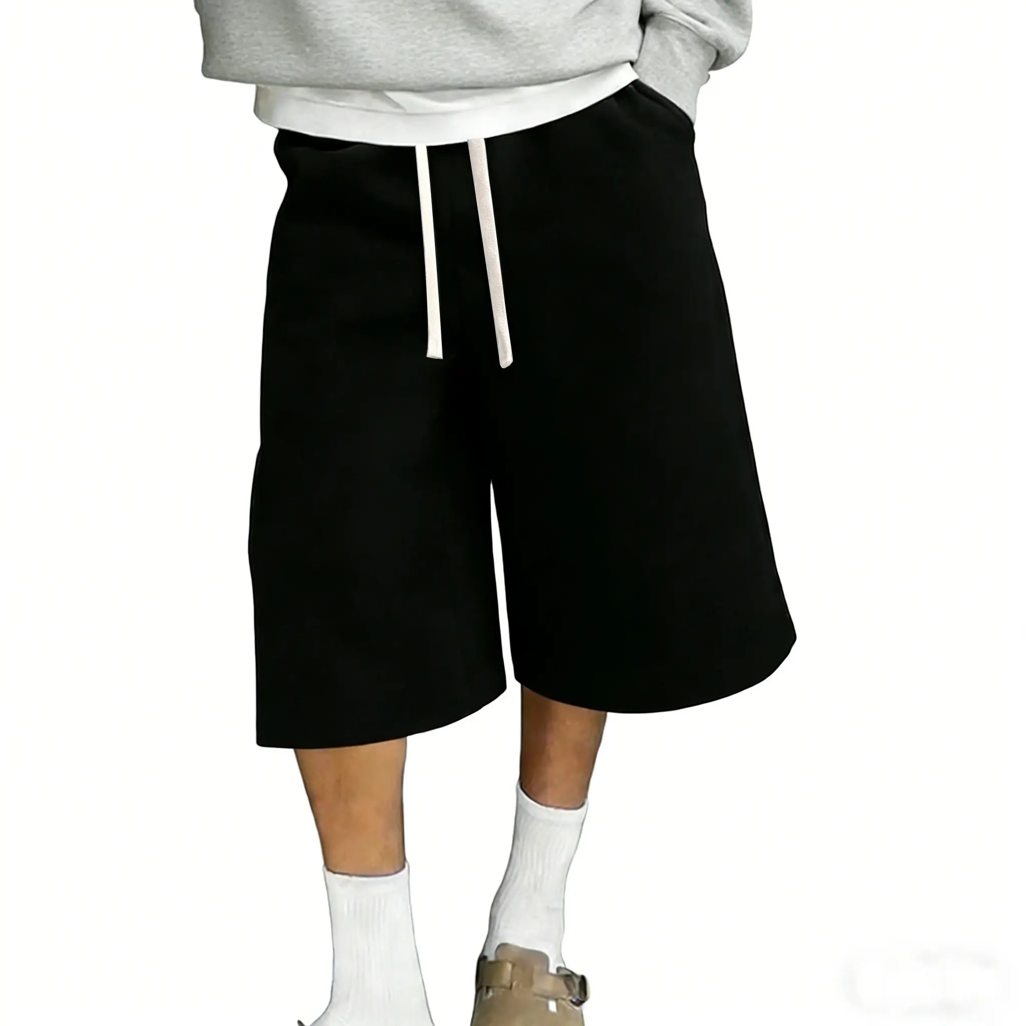 Elevate Your Everyday Style with Men's Fitted Wide-Leg Comfy Shorts - Versatile Trousers with Adjustable Drawstring Waist and Practical Pockets in Beige and Grey